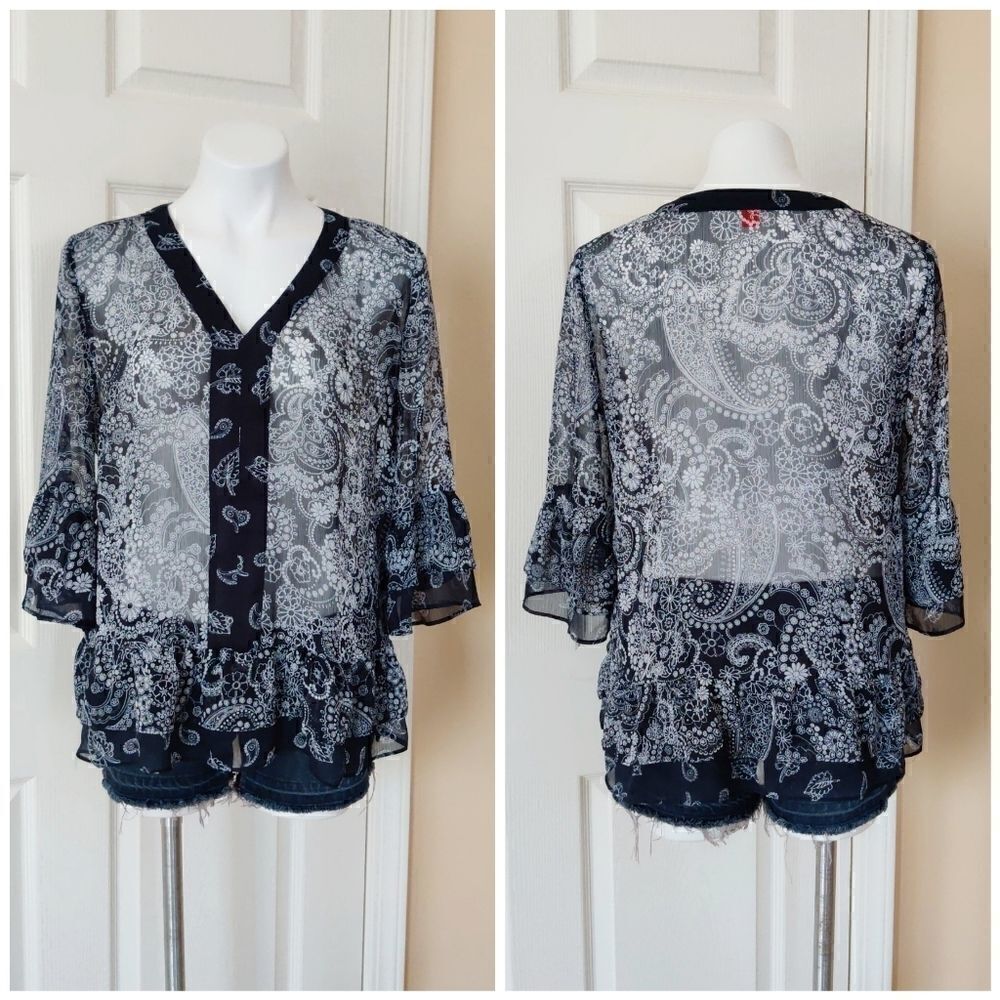 Joe Fresh sheer paisley bell sleeve blouse M